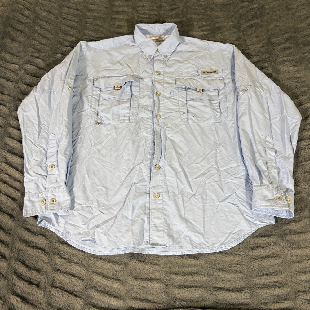 Columbia PFG Bahama II Long Sleeve Fishing Shirt Light Blue Mens Small AT507